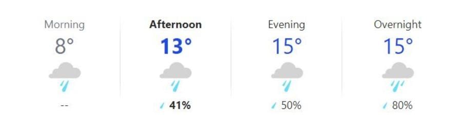 website weather forecast throughout the day, the percentage of rain, and the temperature