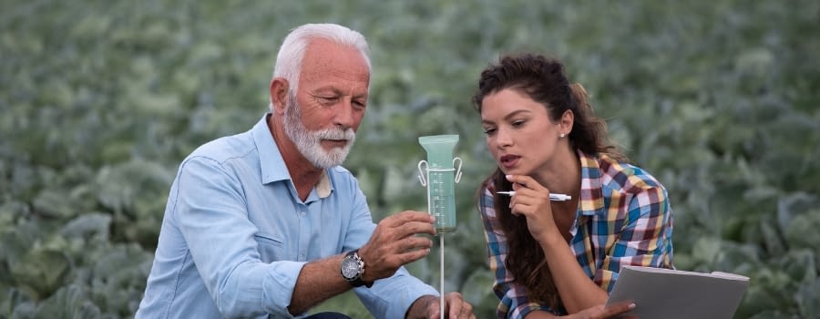 Analog rain gauge in the field being used by a mature farmer and his young assistant