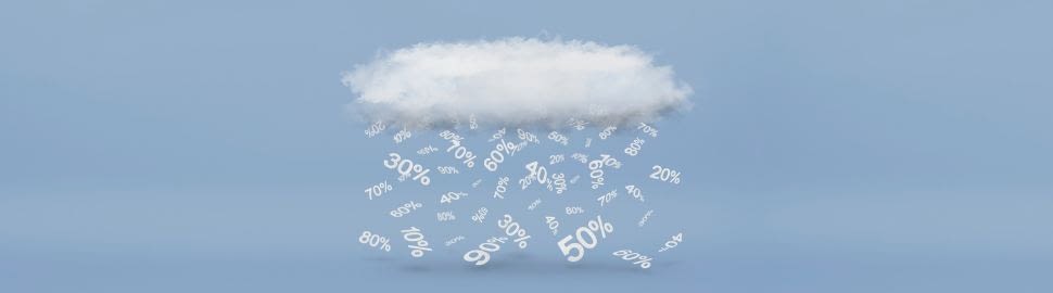A rain of percentage symbols of different sizes falls from a 3d cloud on a blue background.